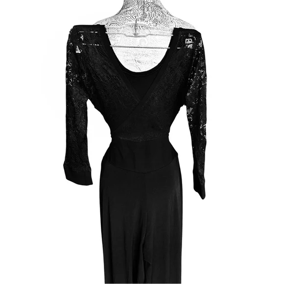 Sexy Black Pant Jumpsuit with Lace Sleeves Party Cocktail Bodycon Size Medium - Picture 4 of 6